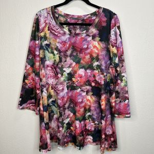 Soft Surroundings Knit Babydoll Floral Top Womens XL Empire Waist Colorful 3/4